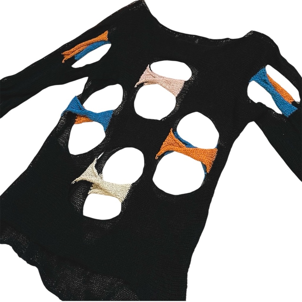 Vintage Unique Black Sweater with Cut-Outs & Colorful Accents